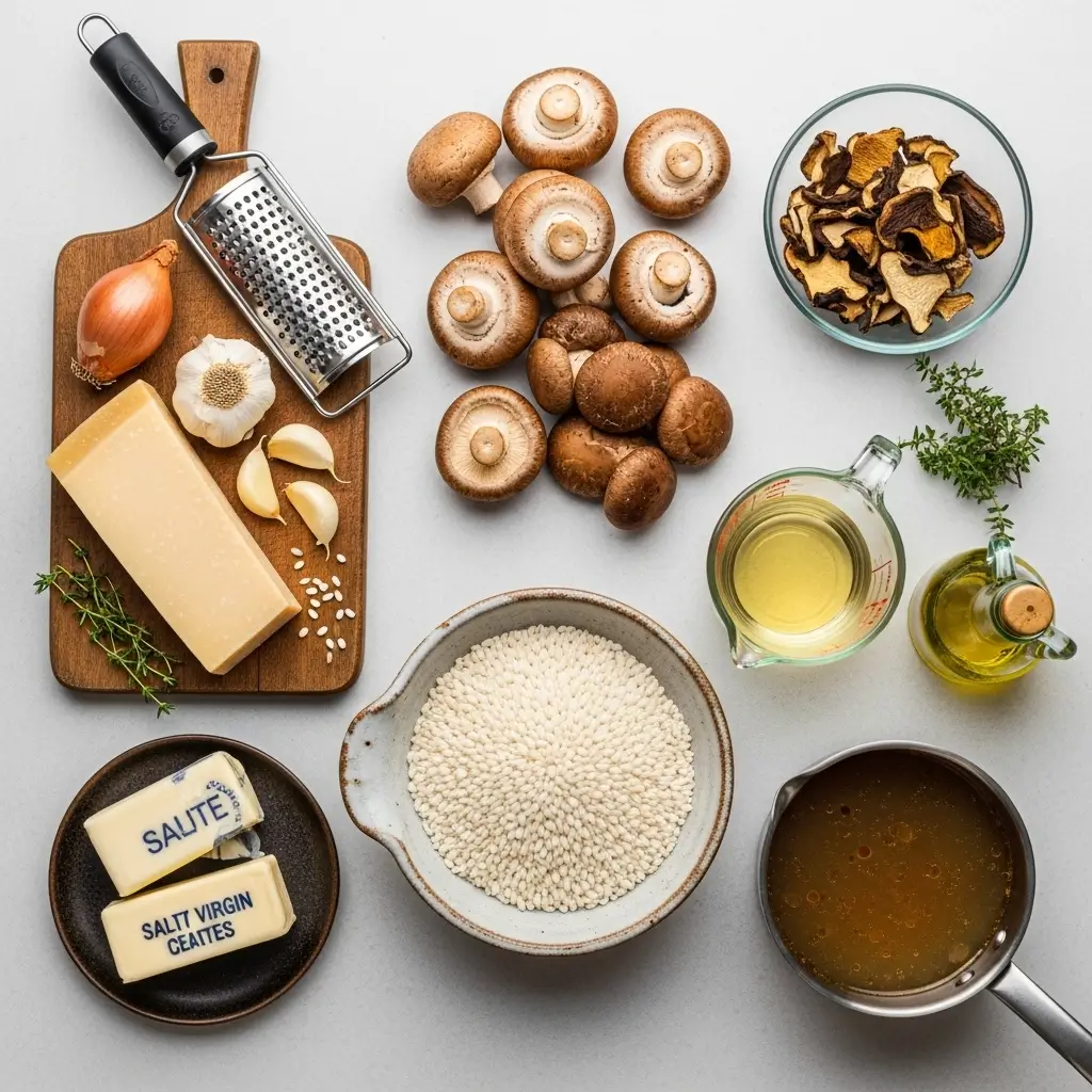 Four-step visual guide for making creamy mushroom risotto: 1) Sautéing mushrooms and shallots, 2) Toasting arborio rice, 3) Adding warm stock gradually, 4) Final stir with butter and Parmesan for a creamy finish.