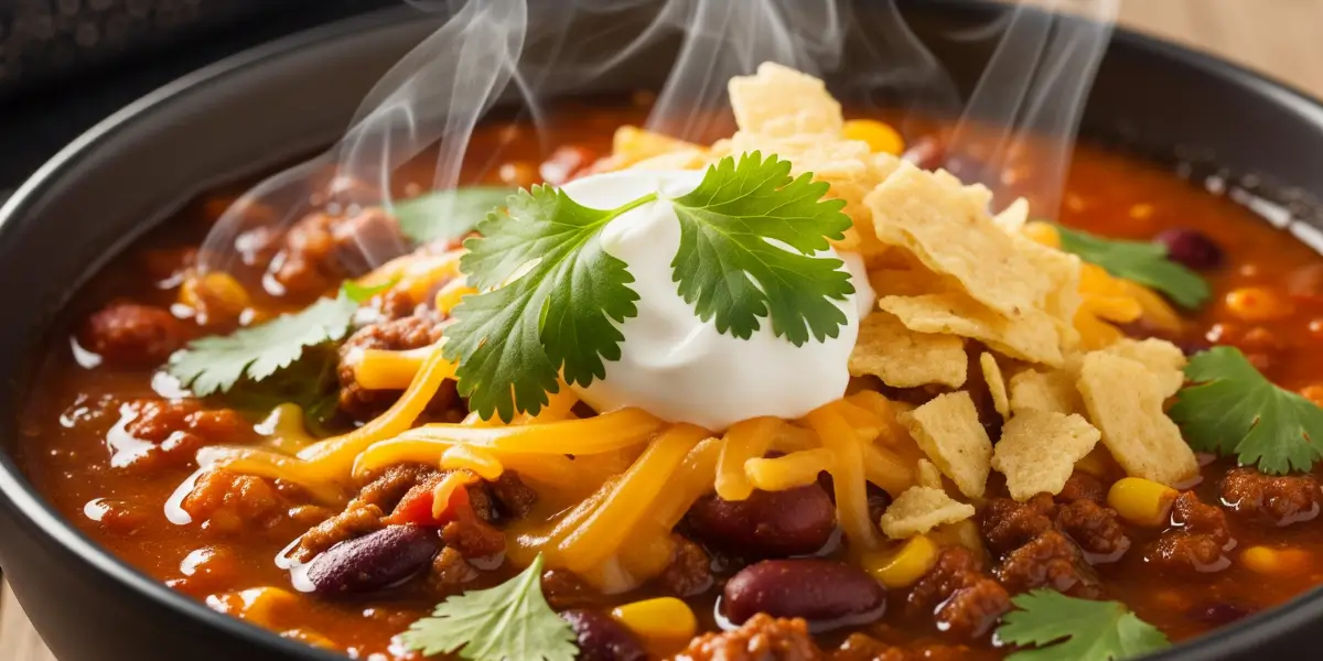 A close-up, overhead view of a steaming bowl of easy taco soup in a rustic ceramic bowl, topped with melted cheddar cheese, a dollop of sour cream, fresh cilantro, and tortilla strips.