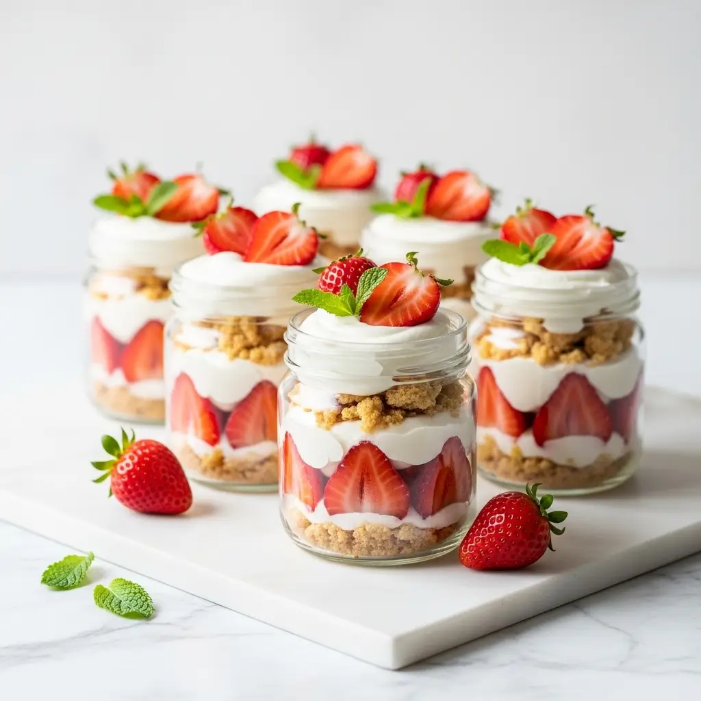 Elegant strawberry shortcake dessert servings arranged on white plates with fresh strawberries and cream garnish
