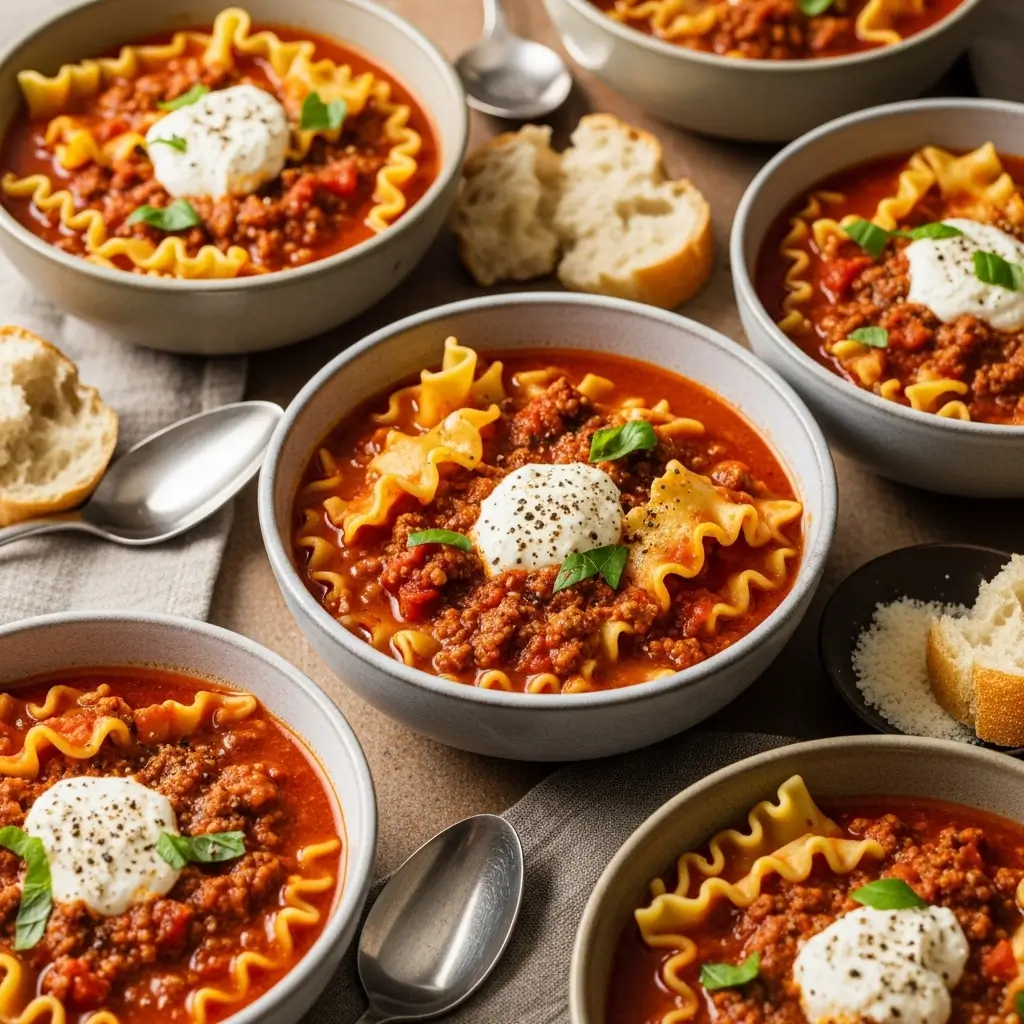 Bowl of hearty lasagna soup topped with ricotta cheese, black pepper, and lasagna noodles.