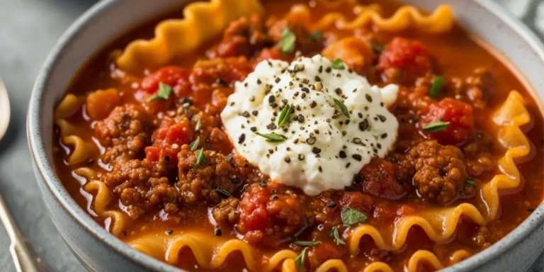 A steaming bowl of easy one-pot lasagna soup with tomato broth, sausage, pasta, and a dollop of creamy ricotta cheese.