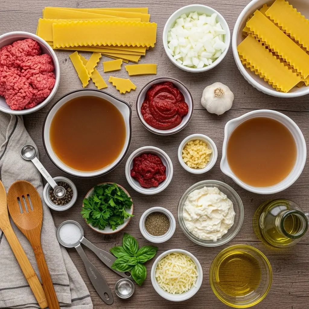 A steaming bowl of easy one-pot lasagna soup with tomato broth, sausage, pasta, and a dollop of creamy ricotta cheese.