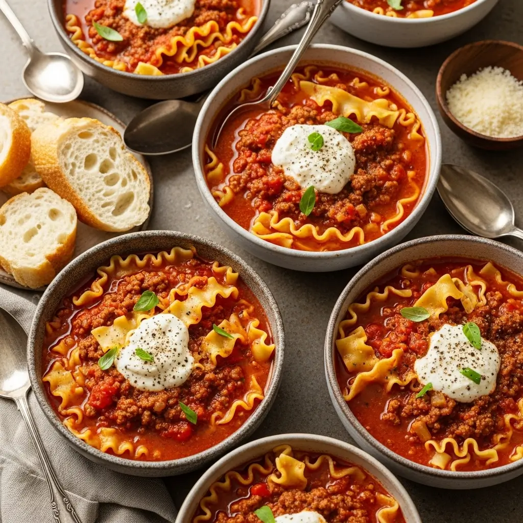 Bowl of hearty lasagna soup topped with ricotta cheese, black pepper, and lasagna noodles.