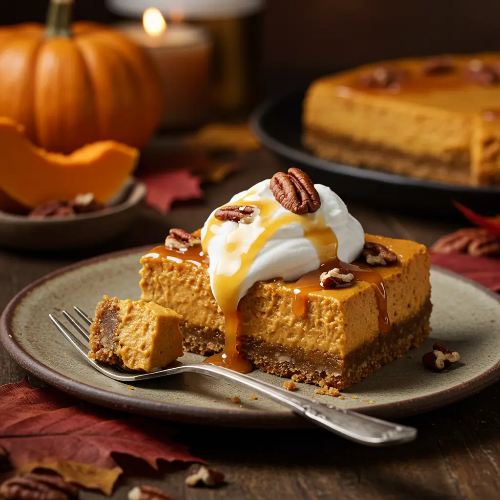 Pouring smooth, creamy pumpkin cheesecake filling into a pan lined with a graham cracker crust.