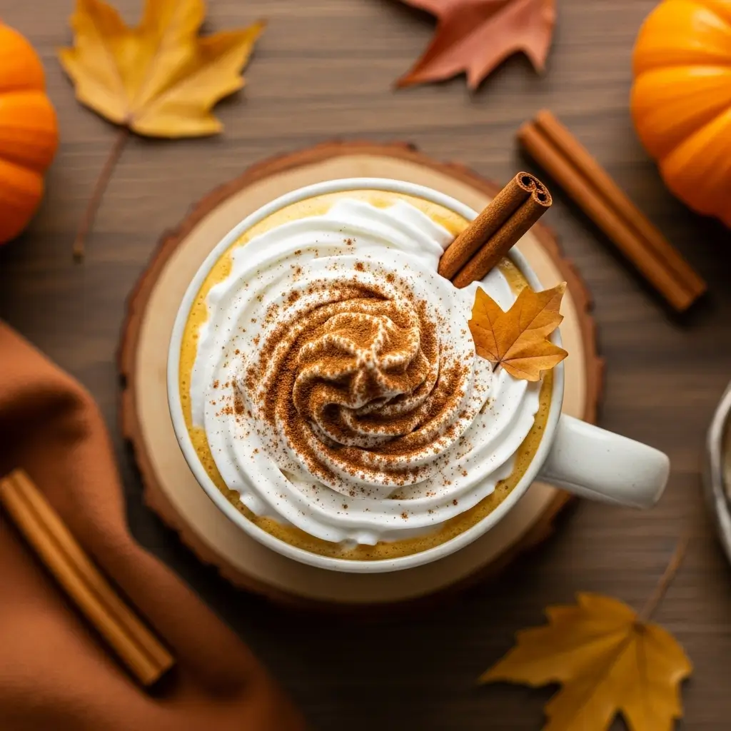 Perfectly prepared homemade pumpkin spiced latte in ceramic mug topped with fluffy whipped cream, cinnamon powder, and cinnamon stick garnish
