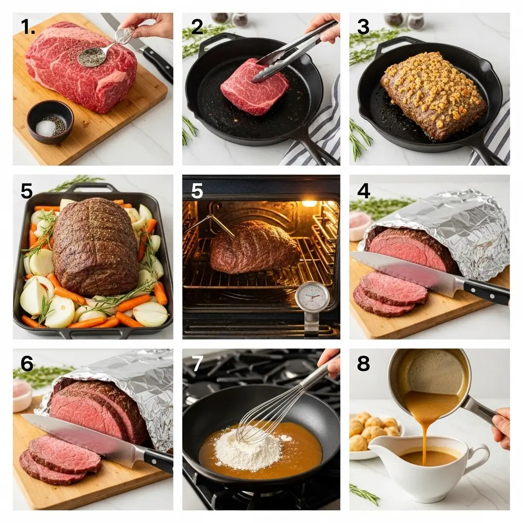How to make roast beef with gravy - visual cooking guide showing searing meat, oven roasting, resting, carving, and gravy preparation