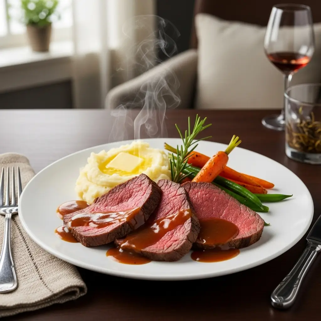 Plated roast beef dinner with gravy, mashed potatoes, and roasted vegetables on white ceramic plate