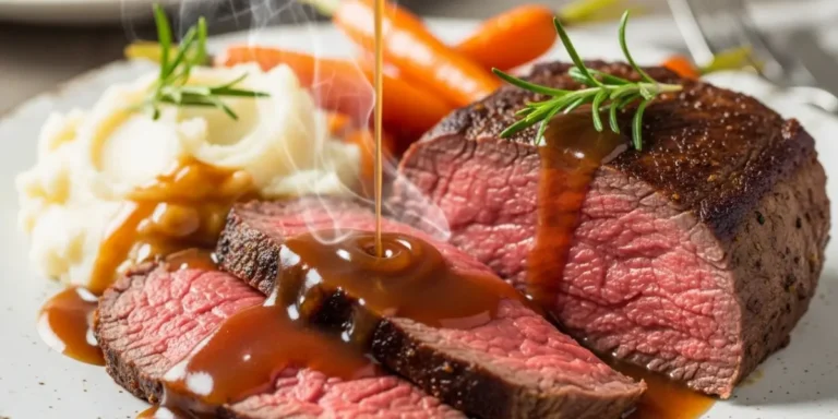 Homemade roast beef with gravy recipe - tender sliced beef with golden seared crust, glossy gravy, and classic Sunday dinner side dishes