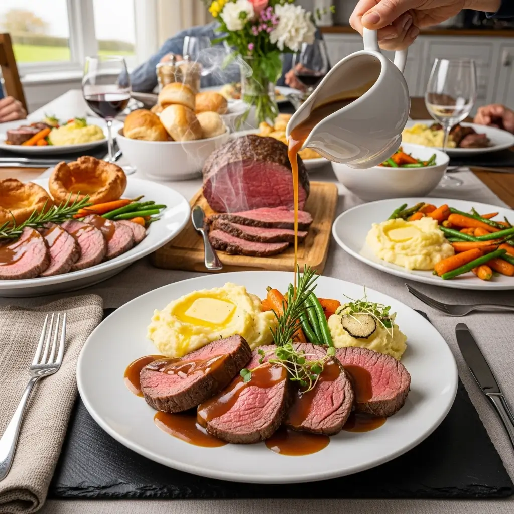 Plated roast beef dinner with gravy, mashed potatoes, and roasted vegetables on white ceramic plate