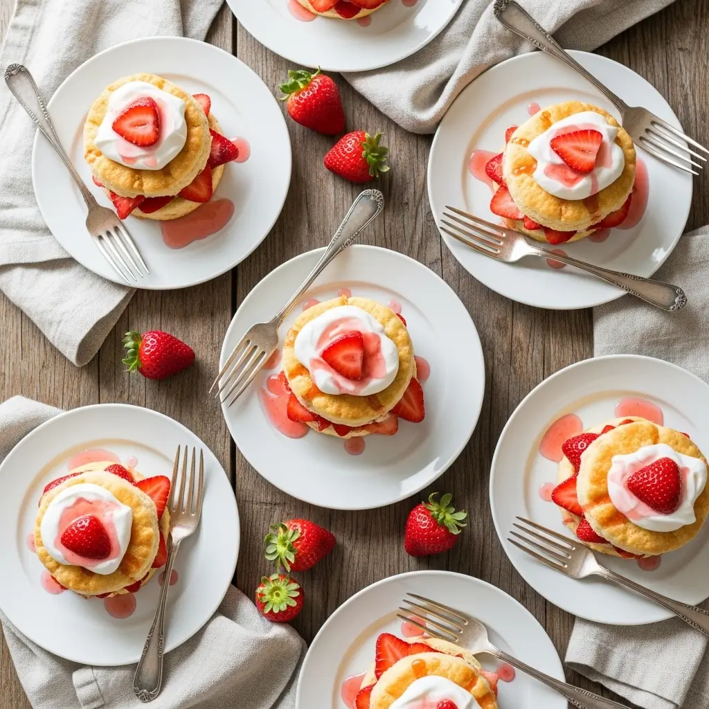 Individual strawberry shortcake desserts in glass jars showing layers of biscuit, strawberries, and whipped cream
