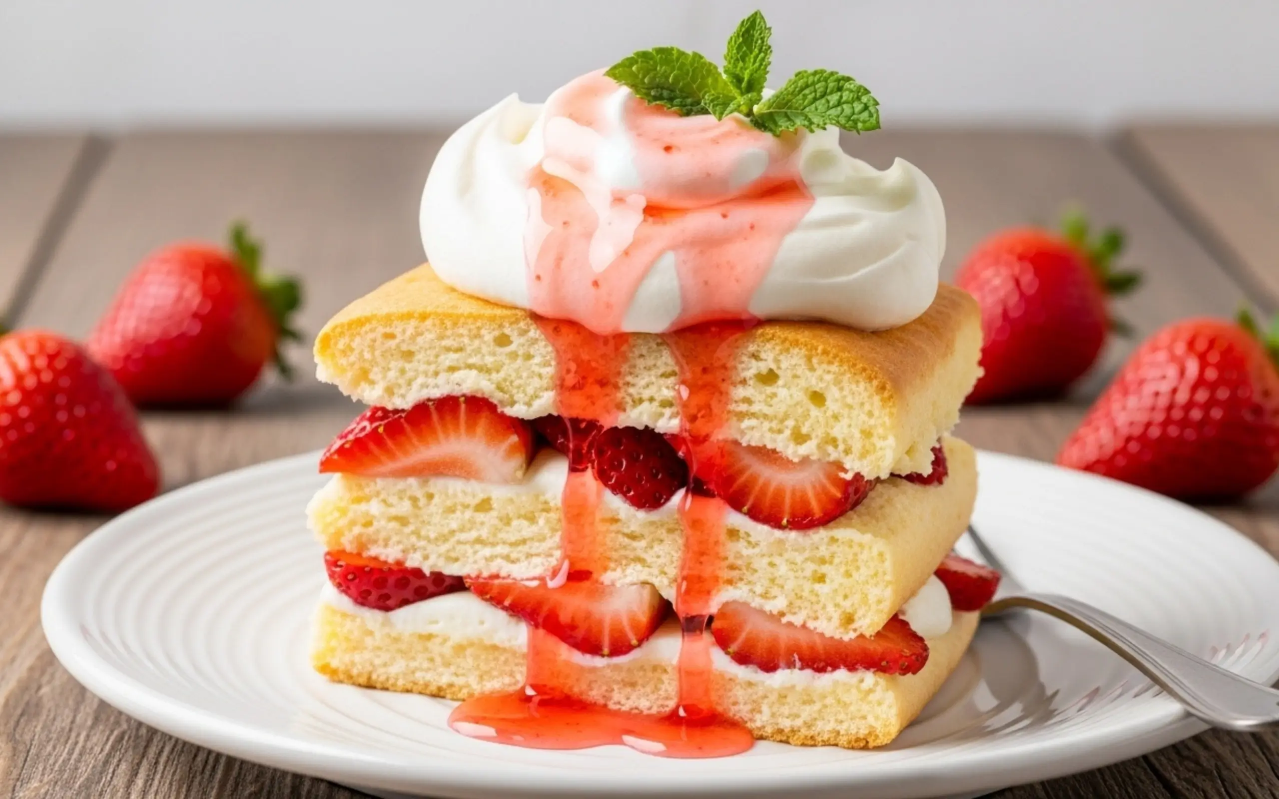 Six servings of homemade strawberry shortcake on white plates with fresh berries and whipped cream on wooden table