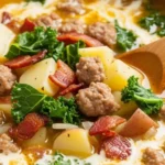 Six to eight individual white ceramic bowls of homemade Zuppa Toscana arranged on a rustic wooden table, showing the complete recipe yield with visible creamy kale soup, tender potatoes, Italian sausage, and fresh basil garnish on each serving