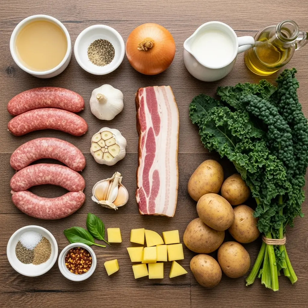 Six to eight individual white ceramic bowls of homemade Zuppa Toscana arranged on a rustic wooden table, showing the complete recipe yield with visible creamy kale soup, tender potatoes, Italian sausage, and fresh basil garnish on each serving