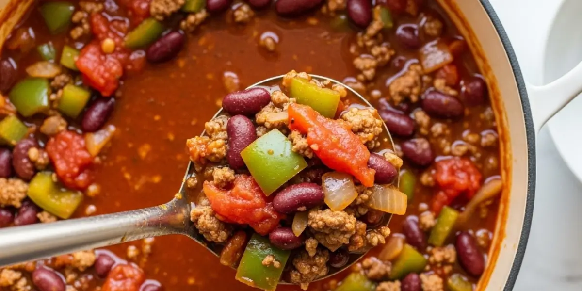 A bowl of hearty ground beef chili with sour cream, cheddar cheese, and green onion toppings.