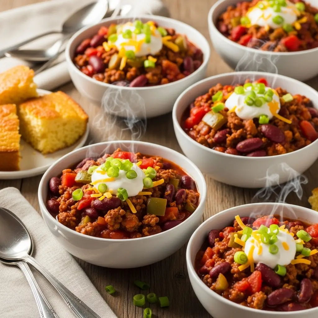 Hearty homemade chili with ground beef, kidney beans, tomatoes, and peppers simmering in a pot.