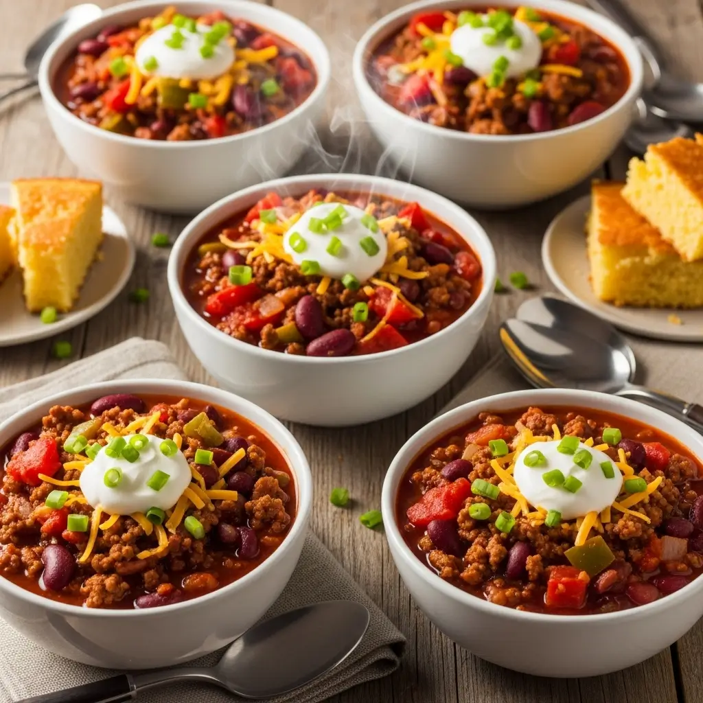 A bowl of hearty ground beef chili with sour cream, cheddar cheese, and green onion toppings.