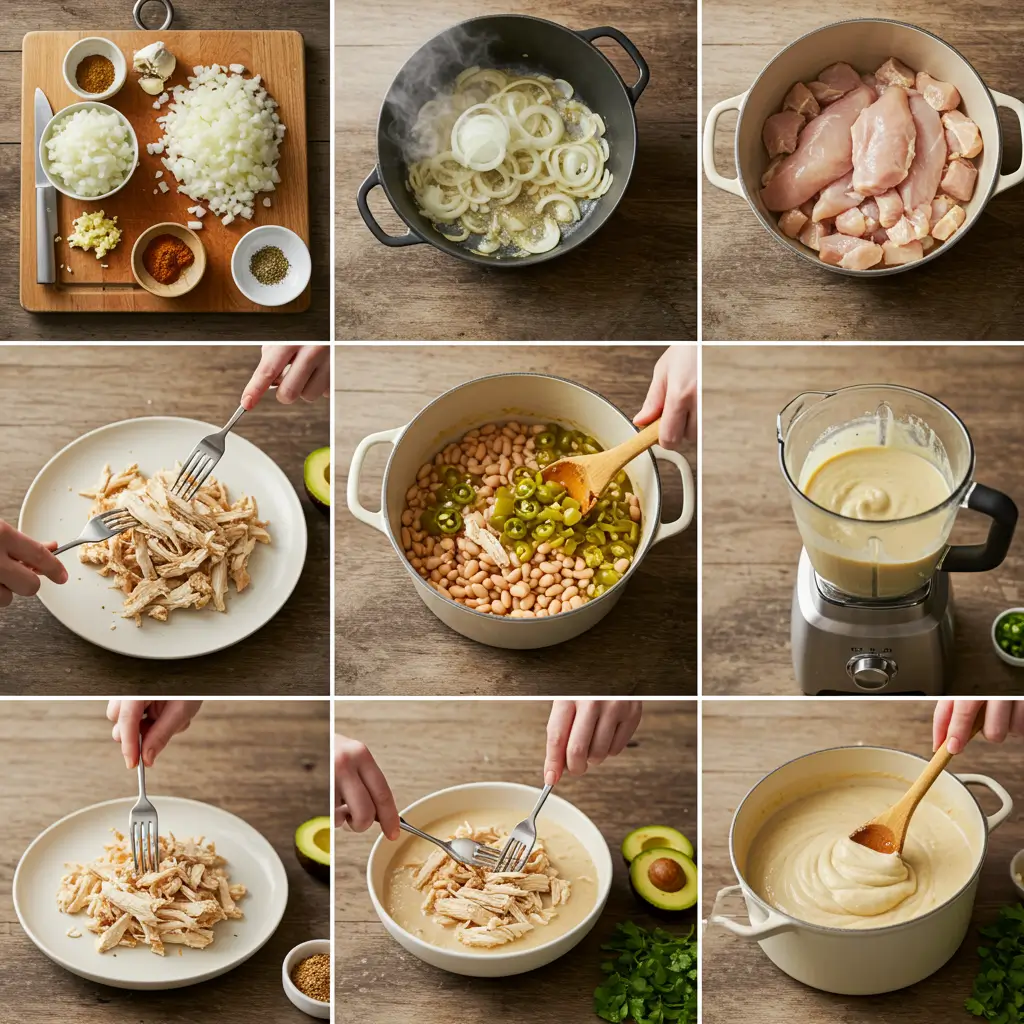 A steaming bowl of creamy white chicken chili topped with avocado, cilantro, and cheese in a rustic pot.