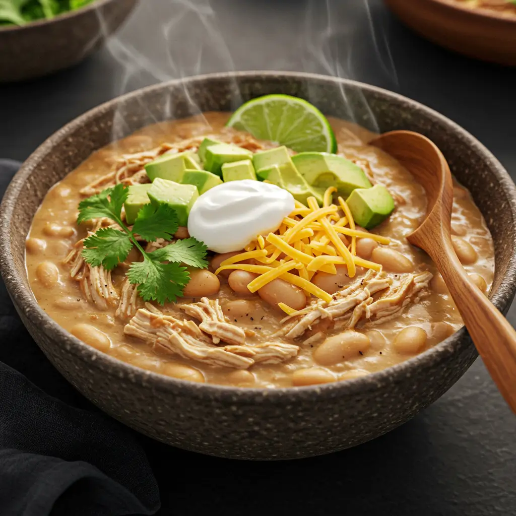 A steaming bowl of creamy white chicken chili topped with avocado, cilantro, and cheese in a rustic pot.