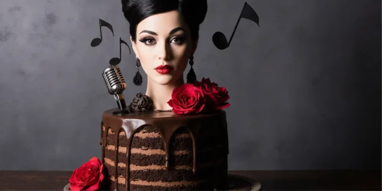 Elegant Amy Winehouse tribute cake with black fondant, gold art deco patterns, and beehive silhouette design on champagne tier, styled with vinyl record and burgundy roses