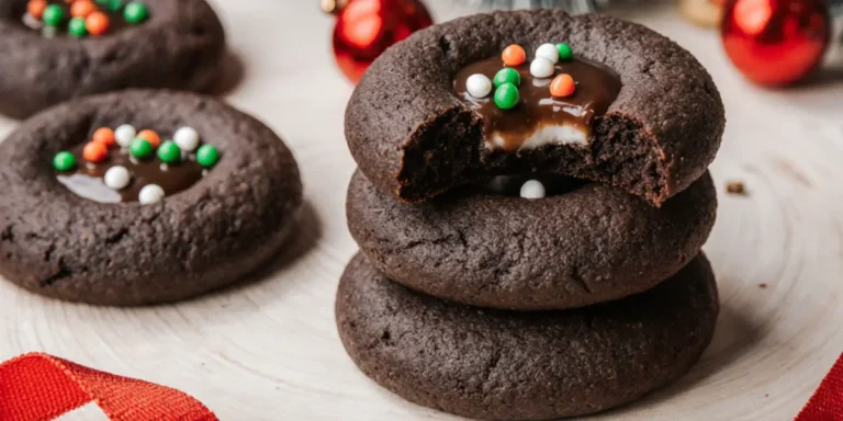 Freshly baked chocolate thumbprint cookie recipe results showing beautiful cookies decorated with red, green, and white holiday sprinkles, arranged overhead on whitewashed wooden surface with glossy chocolate-filled centers demonstrating perfect chocolate thumbprint cookie recipe execution