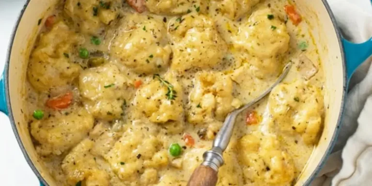 Single serving of homemade Bisquick chicken and dumplings in a white bowl showing fluffy dumplings, tender chicken, vegetables, and creamy broth garnished with fresh herbs