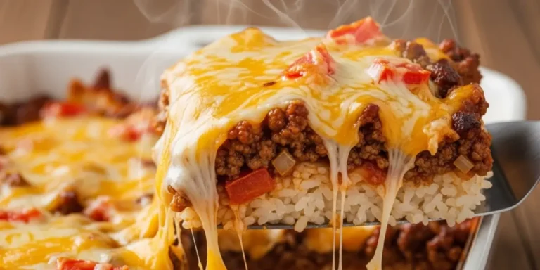 A silver spatula lifts a generous portion of cheesy ground beef and rice casserole, displaying visible layers of fluffy rice, seasoned ground beef, and bubbly golden-brown melted cheddar cheese with stretching cheese strands, with the full casserole dish visible in soft-focus background on a gray kitchen counter