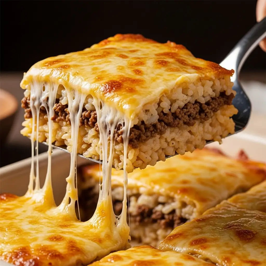 A silver spatula lifts a generous portion of cheesy ground beef and rice casserole, displaying visible layers of fluffy rice, seasoned ground beef, and bubbly golden-brown melted cheddar cheese with stretching cheese strands, with the full casserole dish visible in soft-focus background on a gray kitchen counter