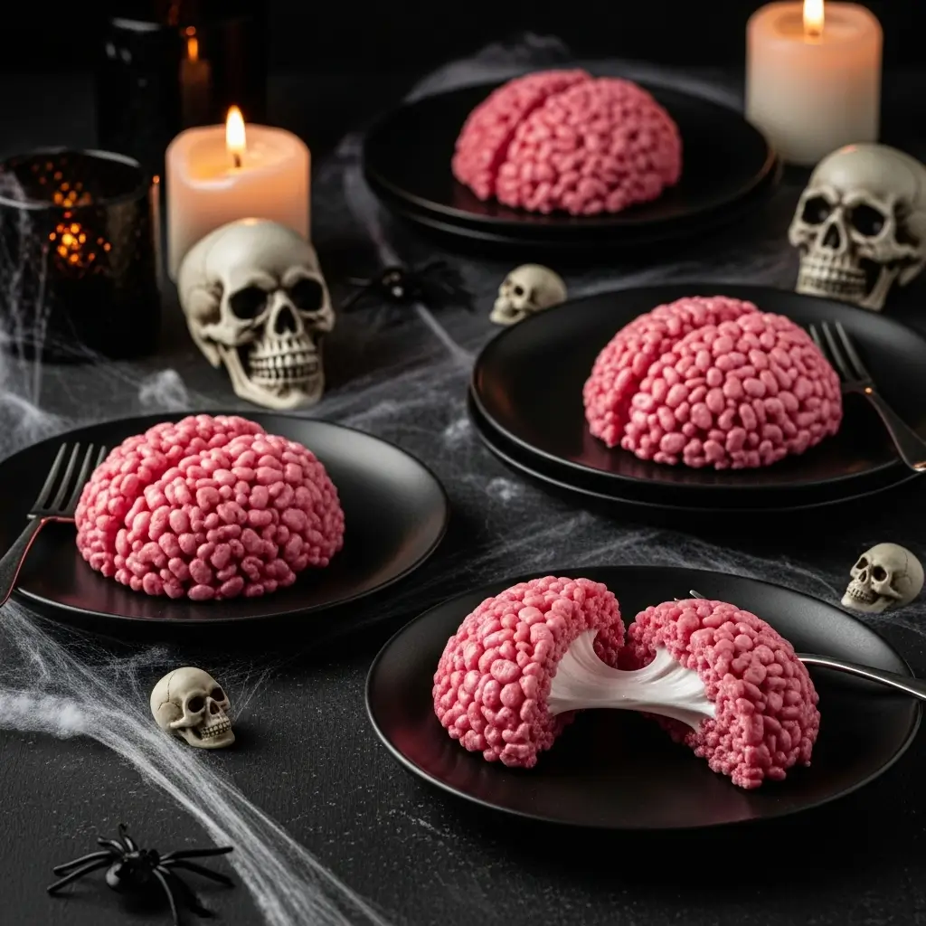 Pink marshmallow Rice Krispies treats shaped like spooky Halloween brains, arranged on a white background.