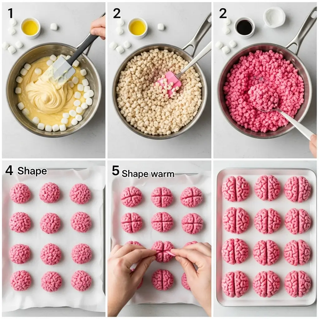 Pink marshmallow Rice Krispies treats shaped like spooky Halloween brains, arranged on a white background.