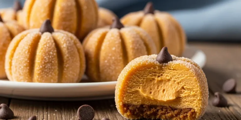Pumpkin cheesecake truffles on a white plate, shaped like mini pumpkins with creamy filling and chocolate chip stems, perfect fall dessert serving.