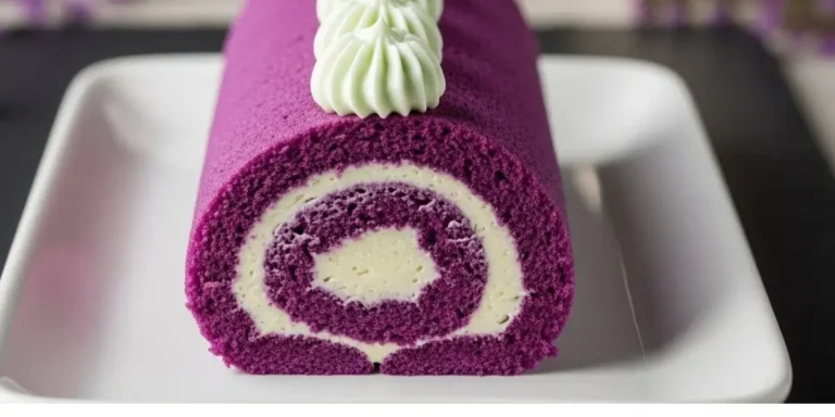 Sliced ube roll cake with purple sponge and white cream filling on a white plate