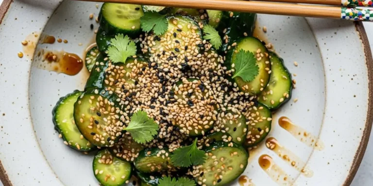 Fresh, crispy Asian cucumber salad recipe in a white bowl with sesame seeds and chopsticks, ready to eat