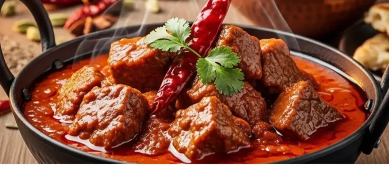 Authentic Beef Vindaloo recipe served in traditional copper karahi with tender beef chunks in rich red spicy sauce garnished with fresh cilantro