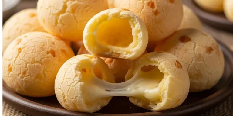 A close-up vertical shot of a plate piled high with golden Brazilian cheese bread, featuring one bun sliced open to reveal the airy, chewy gluten-free texture inside.