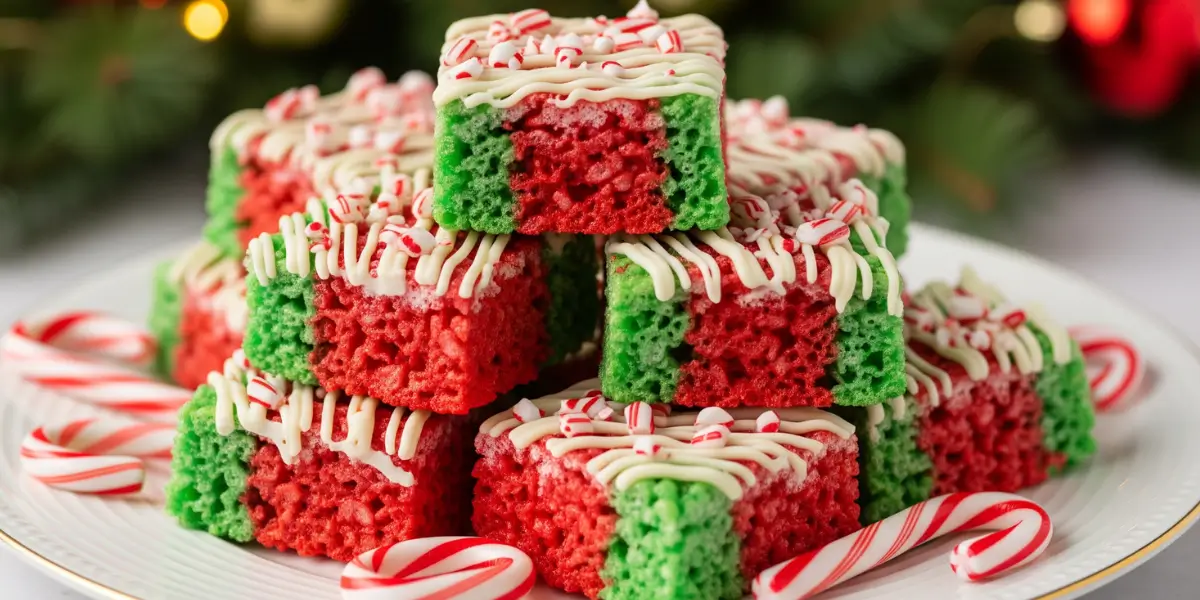 Festive red and green layered Christmas Rice Crispy Treats stacked on a white plate with holiday decorations, crushed candy canes, and powdered sugar