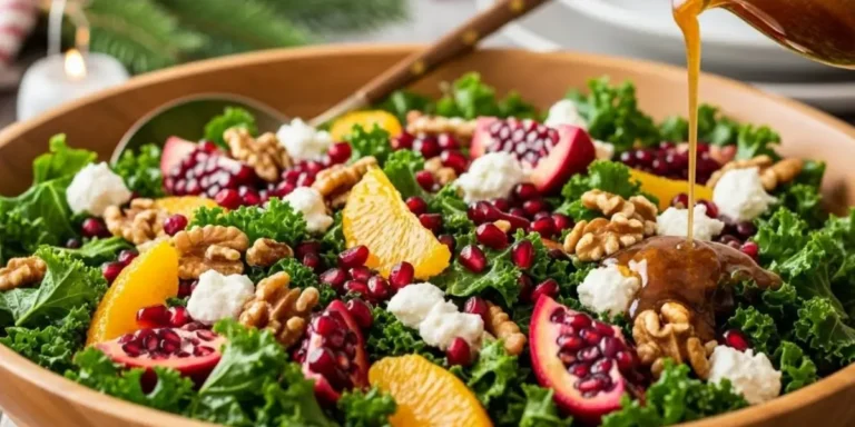 Christmas salad with kale, pomegranate, and goat cheese in a ceramic bowl on a rustic wooden table with candlelight