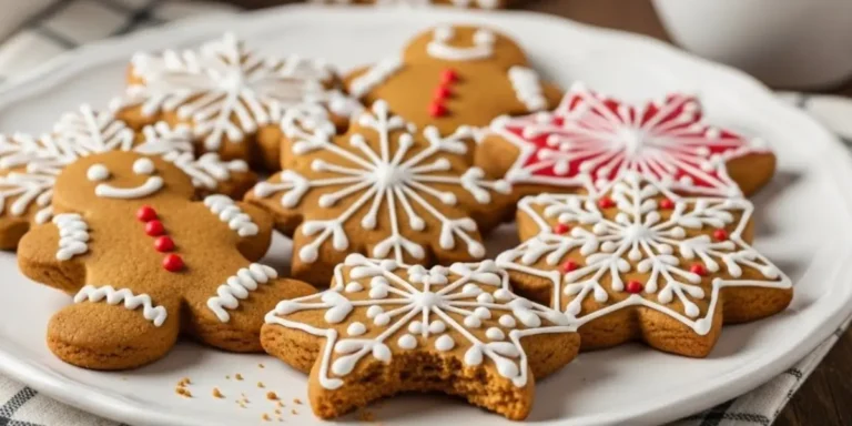 Decorated homemade gingerbread cookies with white royal icing on rustic wooden board with Christmas decorations and cinnamon sticks