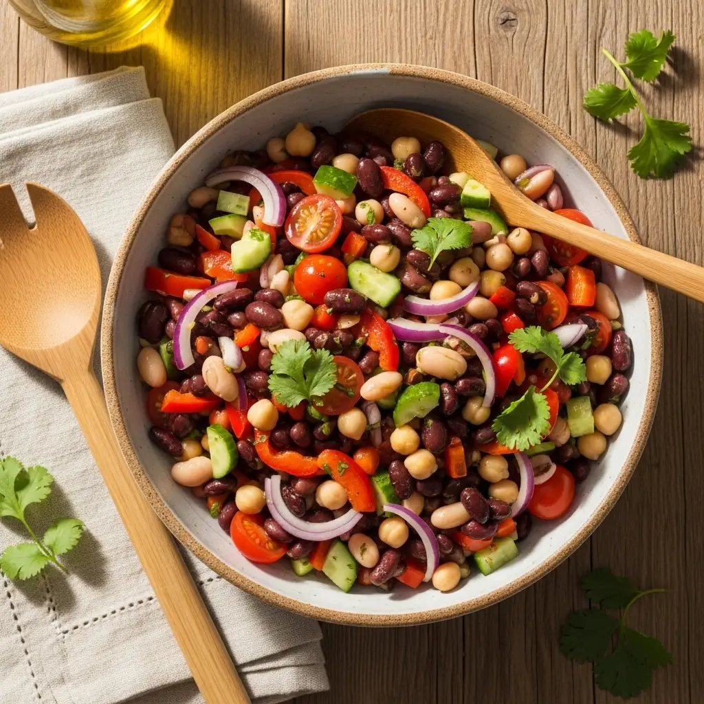 Serving dense bean salad recipe into individual bowls for healthy meal prep portions