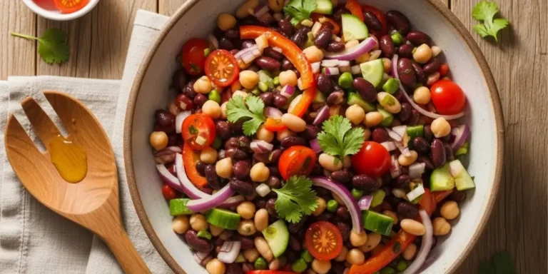 Dense bean salad recipe in rustic ceramic bowl with black beans, kidney beans, chickpeas, and fresh vegetables