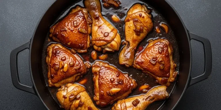 A close-up overhead view of authentic Filipino Adobo Chicken simmering in a rich, dark glaze in a pot, garnished with fresh green onions and red chili slices