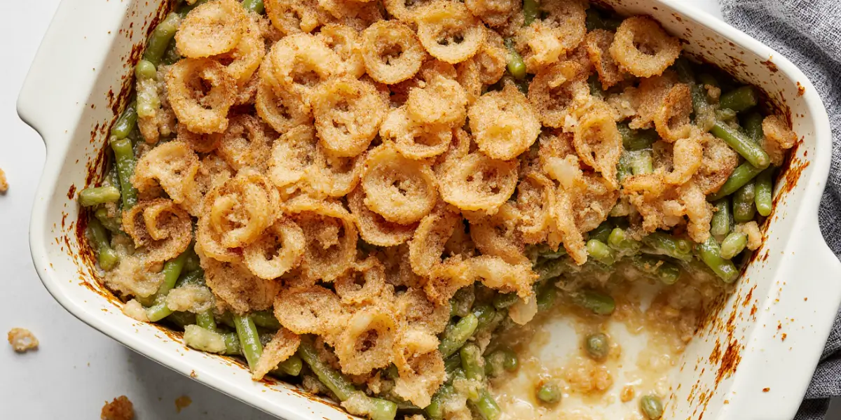 Golden-brown baked green bean casserole with crispy fried onion topping in a ceramic baking dish on a rustic wooden table
