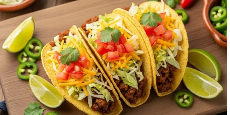 Three ground beef tacos recipe with crispy corn shells, seasoned meat, shredded cheese, lettuce, and fresh cilantro on a wooden cutting board with lime wedges