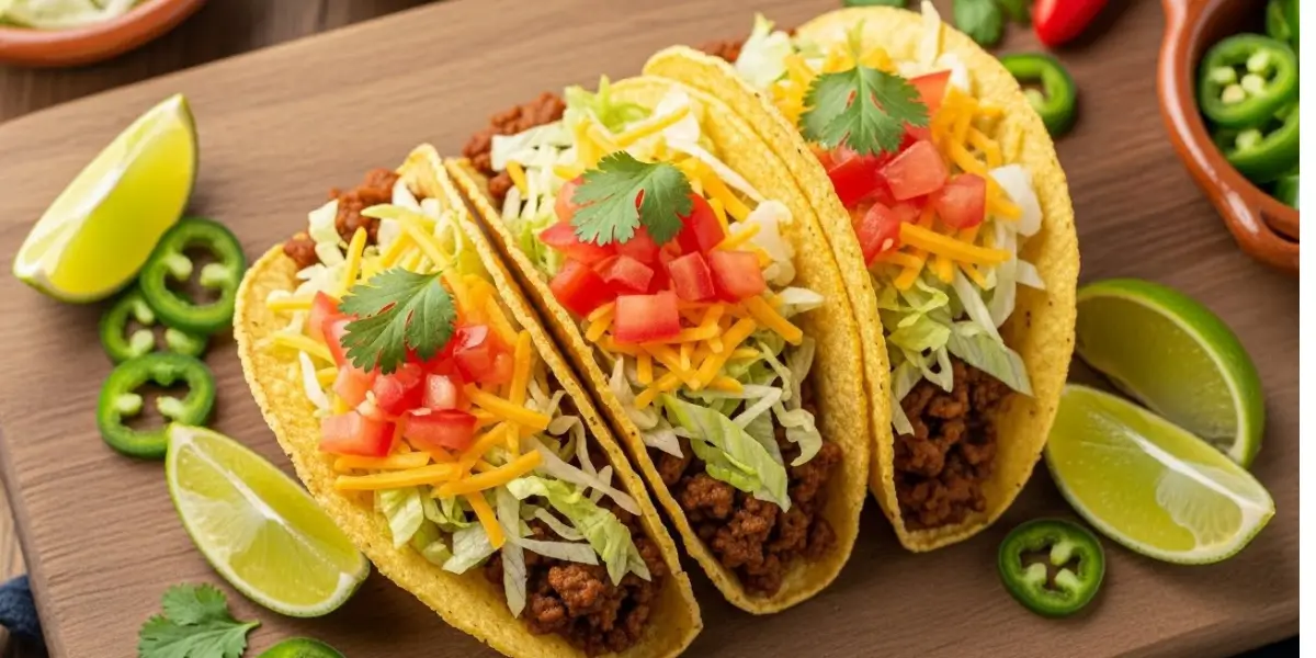 Three ground beef tacos recipe with crispy corn shells, seasoned meat, shredded cheese, lettuce, and fresh cilantro on a wooden cutting board with lime wedges