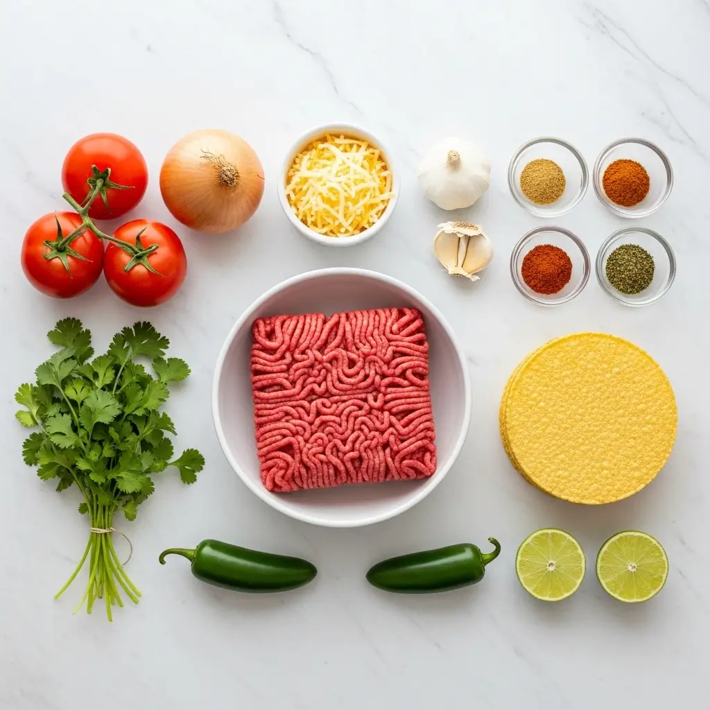 Seasoned ground beef taco recipe meat cooking in a cast iron skillet with a wooden spoon breaking apart the meat