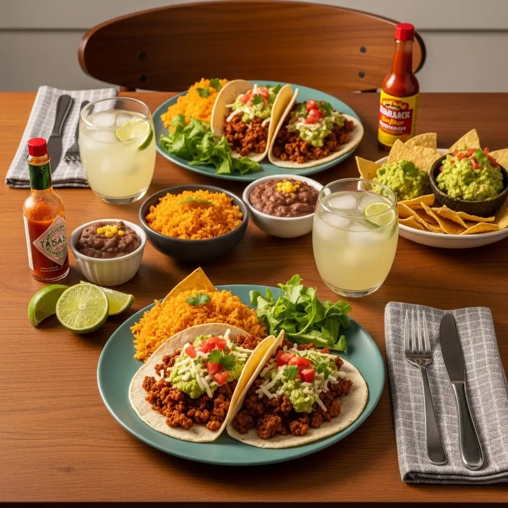 Complete ground beef taco recipe dinner for two with assembled tacos, Mexican rice, refried beans, guacamole, and refreshing drinks on a wooden table