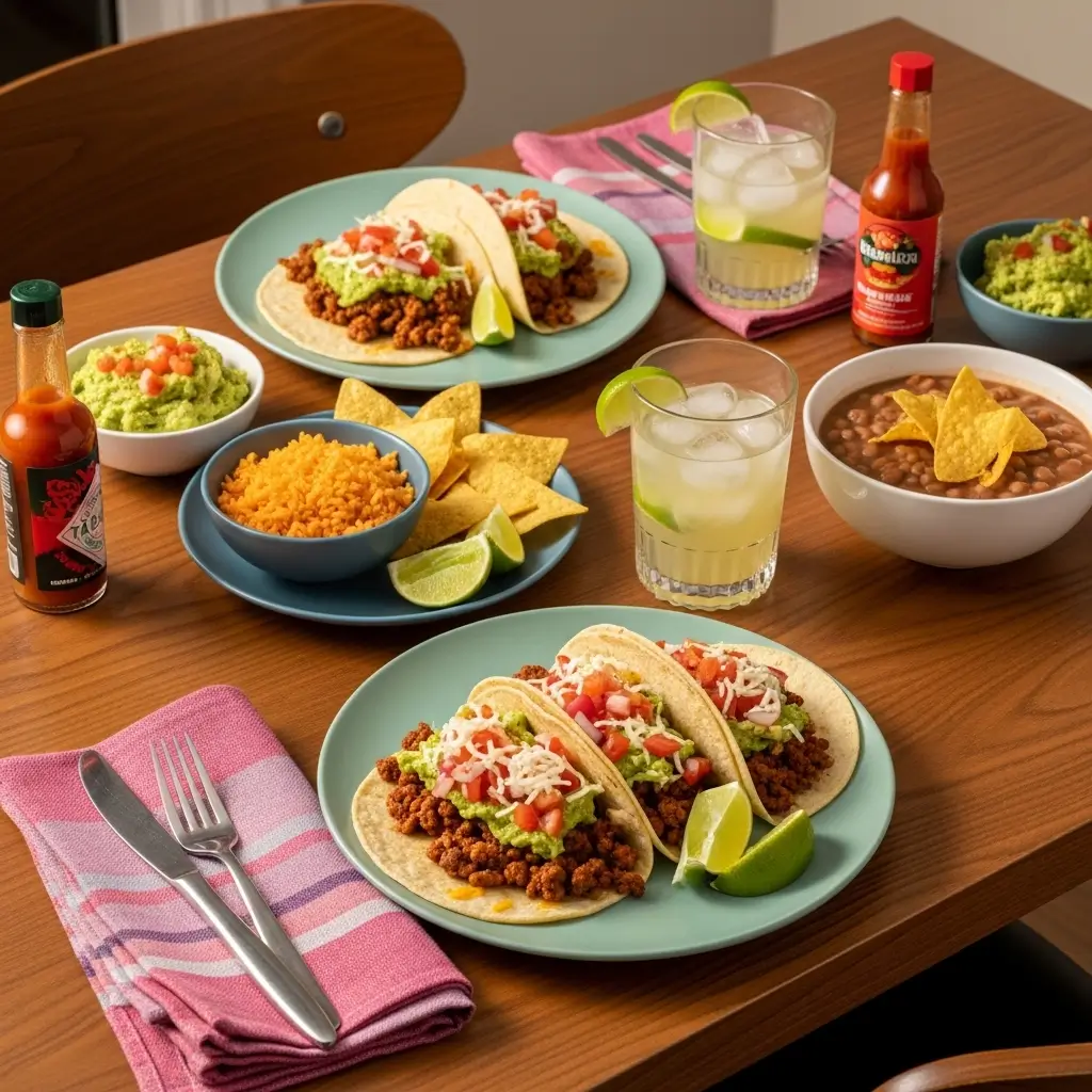 Complete ground beef taco recipe dinner for two with assembled tacos, Mexican rice, refried beans, guacamole, and refreshing drinks on a wooden table