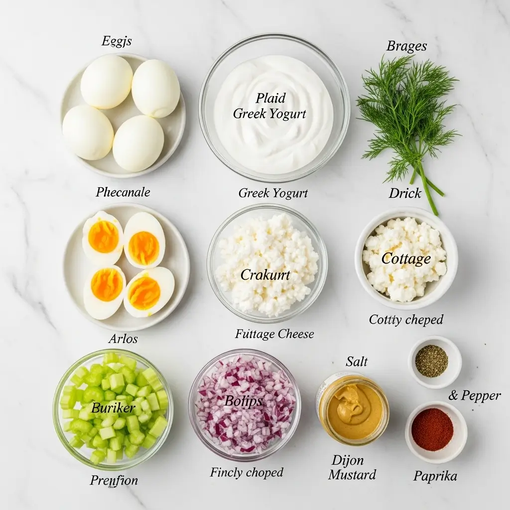 Ingredients for high-protein egg salad including hard-boiled eggs, Greek yogurt, mustard, herbs, and seasonings arranged on marble surface