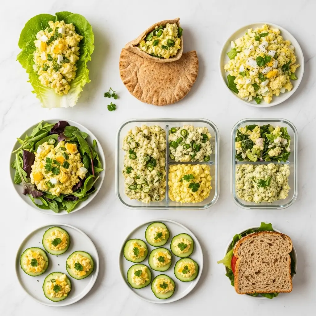 Four meal prep containers filled with high-protein egg salad portions with whole grain crackers and vegetable sticks