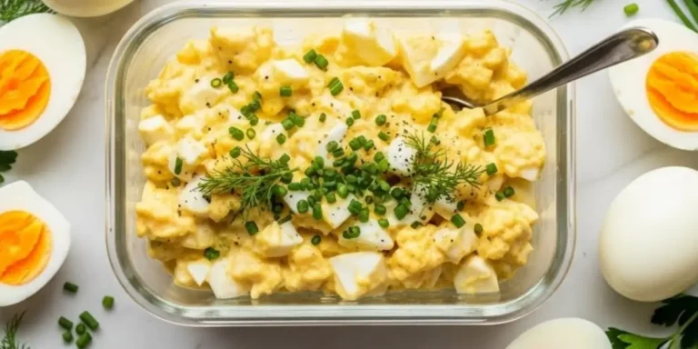 High-protein egg salad in a white bowl topped with fresh chives and black pepper