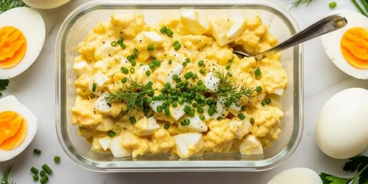 High-protein egg salad in a white bowl topped with fresh chives and black pepper